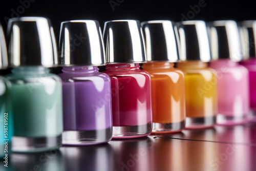 Row of different colors nail polish closeup. Generative AI