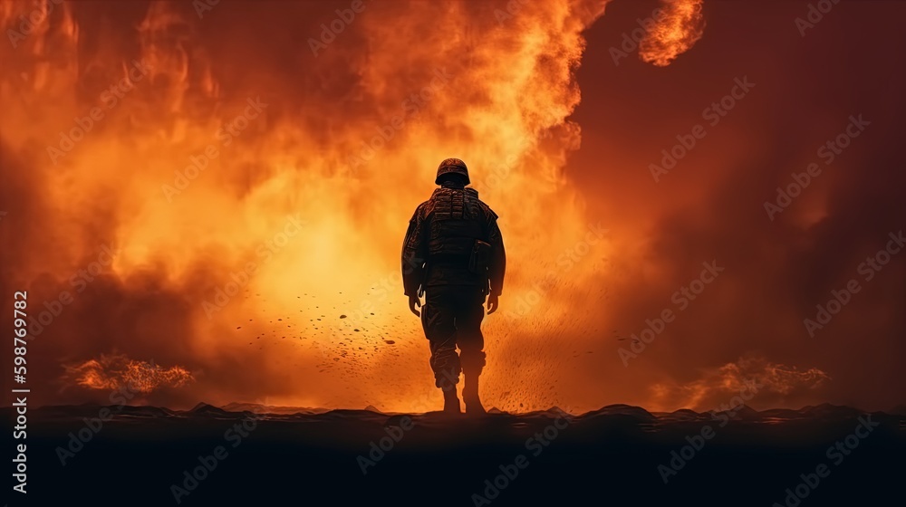lone soldier against fiery explosion, digital art illustration, Generative AI
