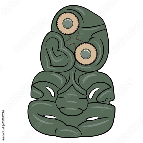 Hei-tiki pendant of the Māori of New Zealand. Green stone carvings with inlaid eyes. Totem figurines. Ethnic design. Isolated vector illustration.