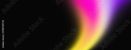 Pink yellow purple color abstract gradient wave swirl shape on black background, grain texture effect, copy space