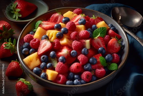 fruit salad  with juicy slices of watermelon  pineapple  and strawberries  surrounded by fresh blueberries and raspberries. Generative ai