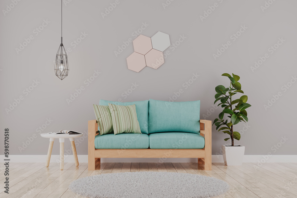 Renderização 3d de uma sala de estar com ambiente aconchegante, claro e confortável - obrazy, fototapety, plakaty 
