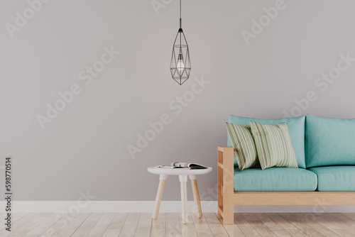 Renderização 3d de detalhes de uma sala de estar com parece cinza e sofá azul. Super aconchegante e confortável photo