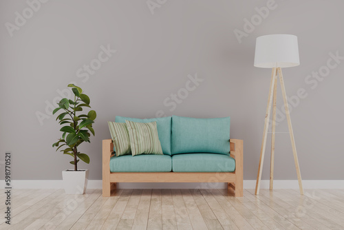 Renderização 3d de uma sala de estar com ambiente aconchegante, claro e confortável. Parede cinza com detalhe de plantas 