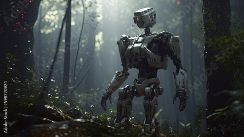 modern robot in the woods, digital art illustration, Generative AI