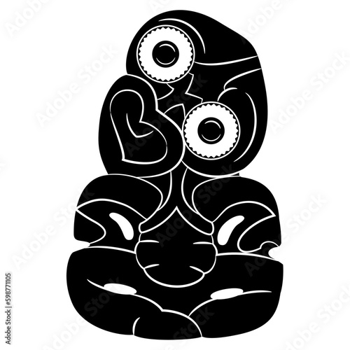 Hei-tiki pendant of the Māori of New Zealand. Green stone carvings with inlaid eyes. Totem figurines. Ethnic design. Black and white silhouette. photo