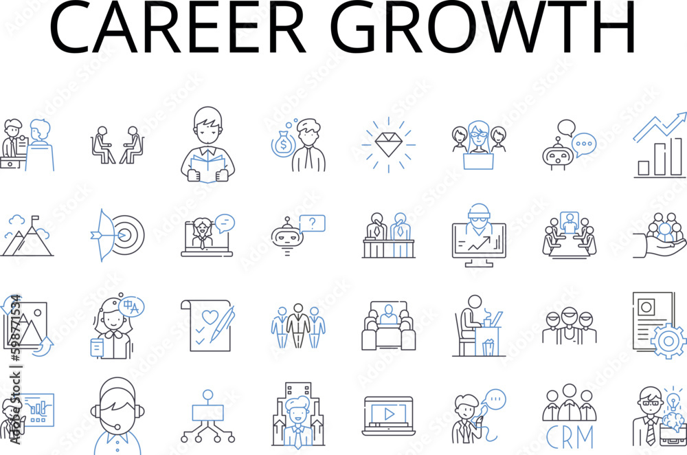 Career growth line icons collection. Professional development, Personal success, Job advancement, Employment progress, Work evolution, Occupational movement, Promotion potential vector and linear Career growth line icons collection. Professional development, Personal success, Job advancement, Employment progress, Work evolution, Occupational movement, Promotion potential vector and linear
