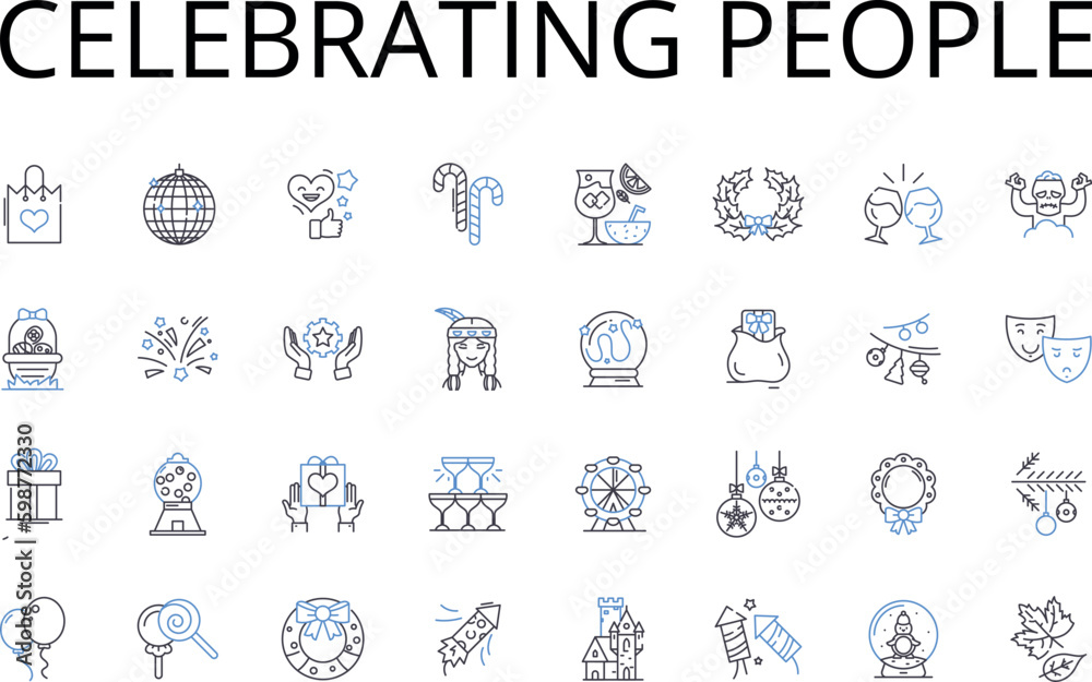 Celebrating people line icons collection. Applauding heroes, Honoring triumphs, Commending winners, Praising champions, Recognizing greatness, Hailing achievers, Felicitating stars vector and linear