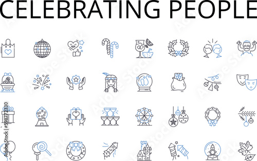 Celebrating people line icons collection. Applauding heroes, Honoring triumphs, Commending winners, Praising champions, Recognizing greatness, Hailing achievers, Felicitating stars vector and linear
