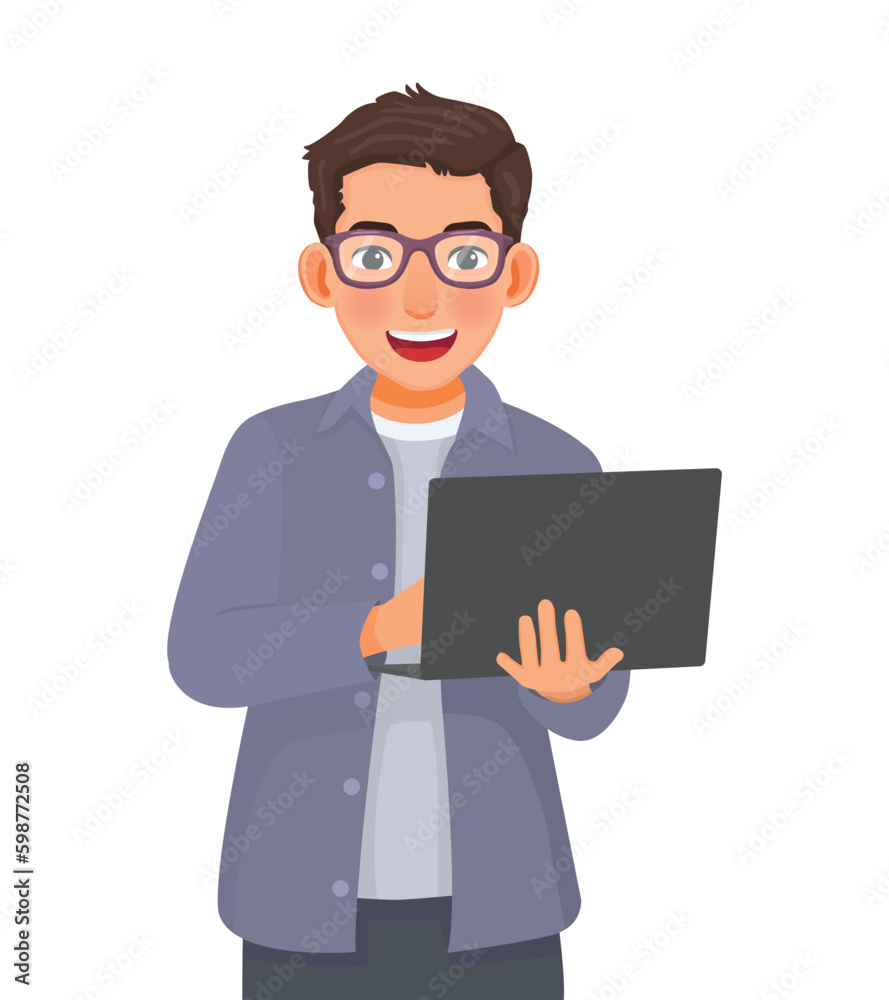 Young businessman with glasses using laptop
