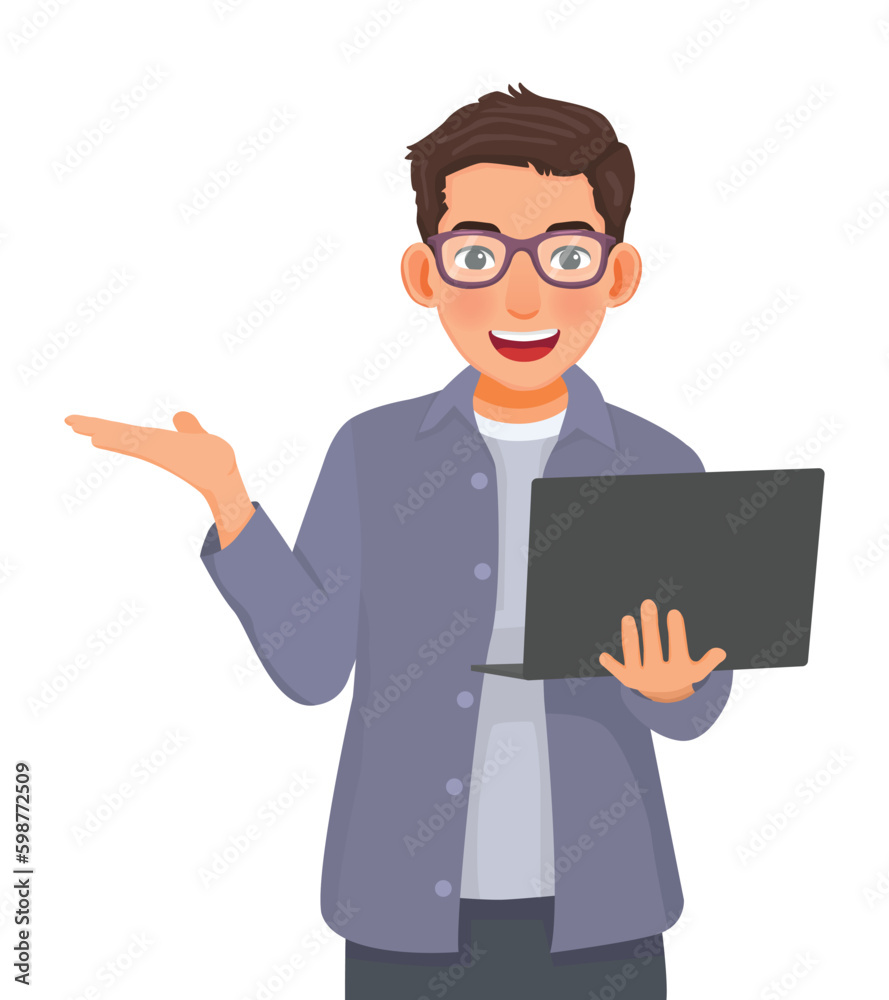 Young businessman with glasses using laptop showing hand for copy space Young businessman with glasses using laptop showing hand for copy space