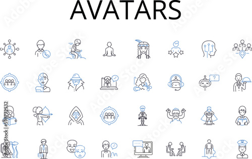 Avatars line icons collection. Comrades, Doppelgangers, Alternates, Twins, Counterparts, Emulations, Replicas vector and linear illustration. Reflections,Figures,Characters outline signs set
