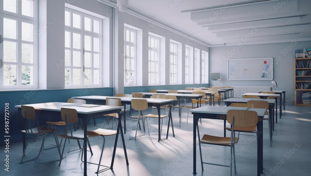 Empty school classroom with chairs, desks, and chalkboard Empty school classroom with chairs, desks, and chalkboard