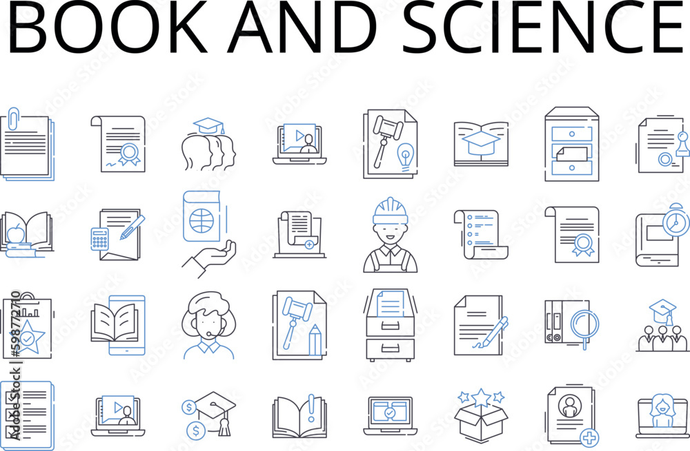 Book and science line icons collection. Volume and research, Manuscript and knowledge, Tome and physics, Publication and biology, Codex and chemistry, Dissertation and astronomy, Treatise and geology
