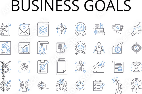 Business goals line icons collection. Financial targets, Corporate objectives, Entrepreneurial pursuits, Commercial ambitions, Trade intentions, Market priorities, Mtary aspirations vector and linear