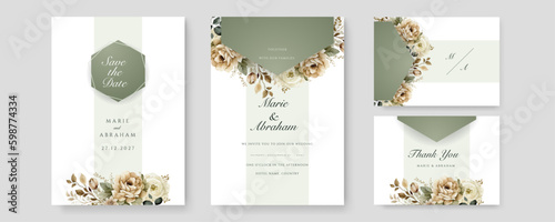 Elegant greenery with gold leaves on wedding invitation card template