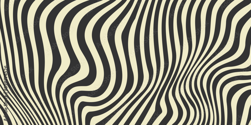 Stylized zebra pattern. Retro wavy fluid stripes and stains background. Abstract monochrome texture in 60s or 70s style. Liquid hippie wallpaper for cover, poster, flyer, banner. Vector