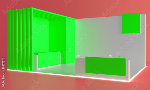 Empty stand or booth in a tradeshow. 3d render exhibition mockup. Virtual exhibition. Exhibition stand mockup and flat used for branding and Corporate identity.