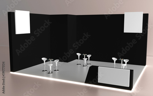 Empty stand or booth in a tradeshow. 3d render exhibition mockup. Virtual exhibition. Exhibition black stand mockup and flat used for branding and Corporate identity.