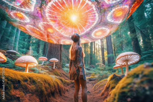 Woman high on magical psychedelic mushrooms in forest. Generative AI. photo