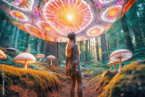 Woman high on magical psychedelic mushrooms in forest. Generative AI.