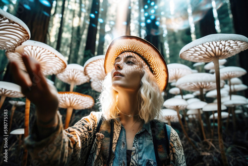 Woman having a fantasy experience on  on psychedelic mushrooms in forest. Generative AI. photo