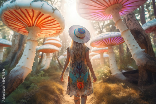 Woman walking on magical psychedelic mushrooms in forest. Generative AI.