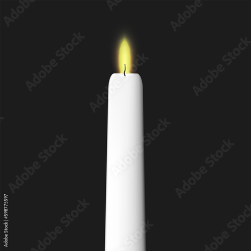 Realistic candle vector illustration. A pure white candle with a flame that burns brightly in the dark