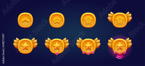 Rank patent gold badges set. Gemstone, star and wings. High quality illustrations. Perfect for games.