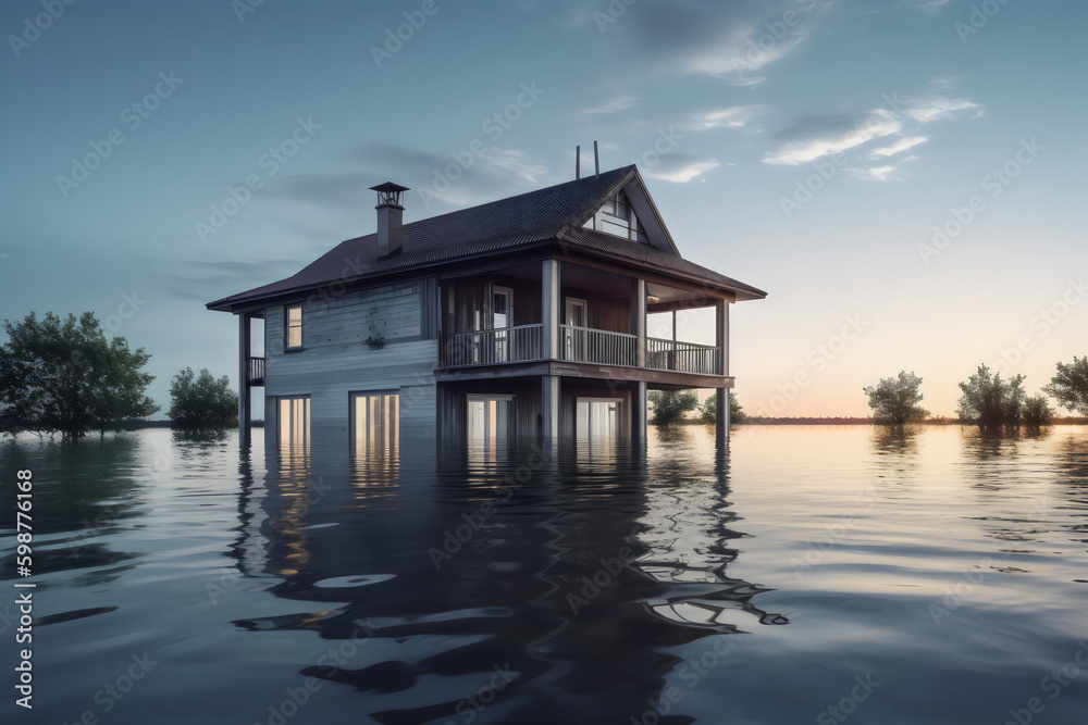 house in flood surrounded by water due to climate change, made with generative ai