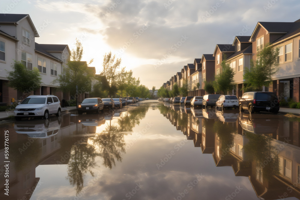 flooded street with houses and cars due to rising sea levels and climate change, made with generative ai