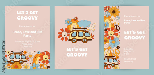 Templates with daisy flowers, retro car and rainbow for groovy party, birthday invitation, flyer, retro poster. Space for text. Vector illustration set.