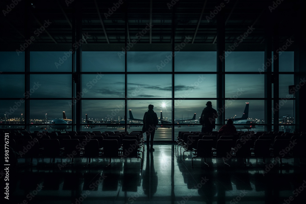 Airport, airplane, fly, terminal. An aerodrome with extended facilities for commercial air transport. waiting for flight departure, watching a flying plane 
