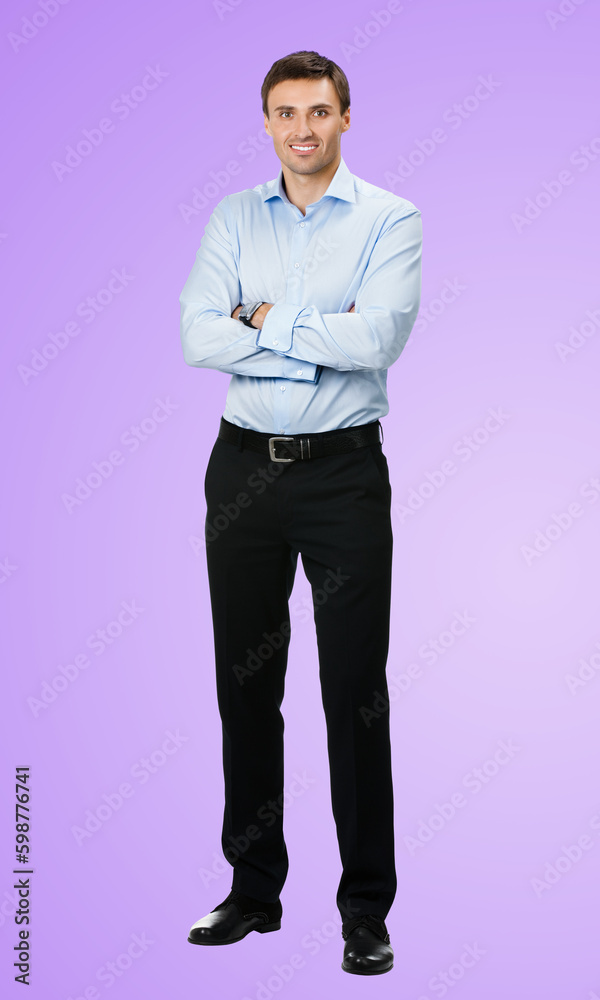 Full body, growth length portrait image - smiling business man in confident cloth, folded hands, isolated lightly purple violet background. Businessman, bank account manager, real estate sales agent. Full body, growth length portrait image - smiling business man in confident cloth, folded hands, isolated lightly purple violet background. Businessman, bank account manager, real estate sales agent.