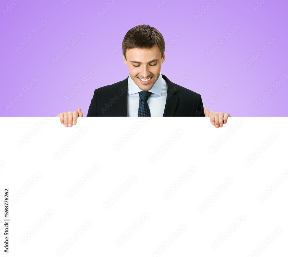Business man professional bank manager in confident black suit. Businessman stand behind hang over, look at empty white banner signboard with copy space. Isolate lightly purple violet background Business man professional bank manager in confident black suit. Businessman stand behind hang over, look at empty white banner signboard with copy space. Isolate lightly purple violet background