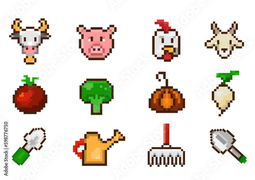 Set of farm pixel icons