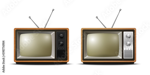 Vector 3d Realistic Retro Wooden TV Receiver Icon Set Closeup Isolated on White Background. Home Interior Design Concept. Vintage TV Set, Television, Front View