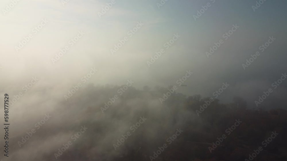 Aerial Flying Through Dense Misty Fog Over Woodland Niagara Glen In Ontario, Canada. Slow Descending Shot Aerial Flying Through Dense Misty Fog Over Woodland Niagara Glen In Ontario, Canada. Slow Descending Shot