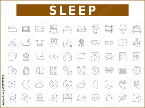 Simple Set of sleep Related Vector Line Icons. Vector collection of insomnia, bed, time, zzz, moon,  cloud alarm clock, pillows and design elements symbols or logo element.