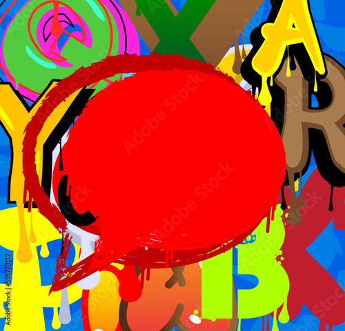 Red Speech Bubble Graffiti with abstract elements Background. Urban painting style backdrop. Discussion symbol in modern dirty street art decoration.