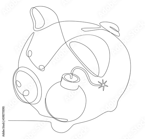 One continuous line of Piggy Bank and bomb. Thin Line Illustration vector concept. Contour Drawing Creative ideas.