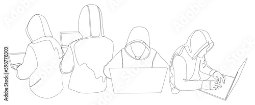 One continuous line of group of male people with laptop, workin as a developer or a Hacker. Thin Line Illustration vector concept. Contour Drawing Creative ideas.