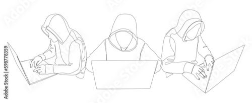 One continuous line of group of male people with laptop, workin as a developer or a Hacker. Thin Line Illustration vector concept. Contour Drawing Creative ideas.