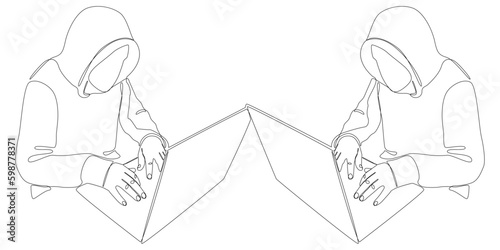 One continuous line of group of male people with laptop, workin as a developer or a Hacker. Thin Line Illustration vector concept. Contour Drawing Creative ideas.