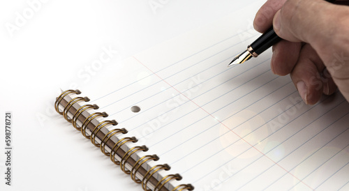 A man's hand holding a fountain pen riting down on notepad