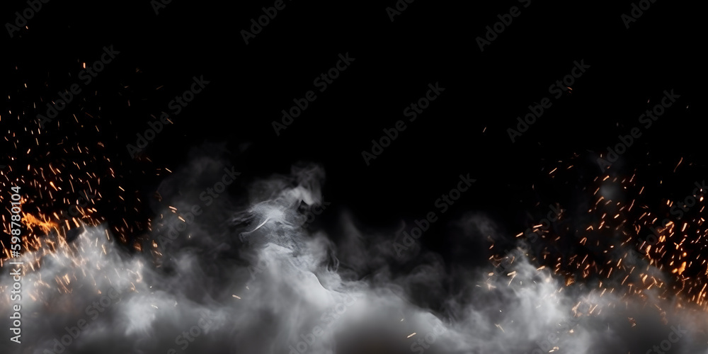 Smoke and Fire Sparks. Isolated Element. Dark Background