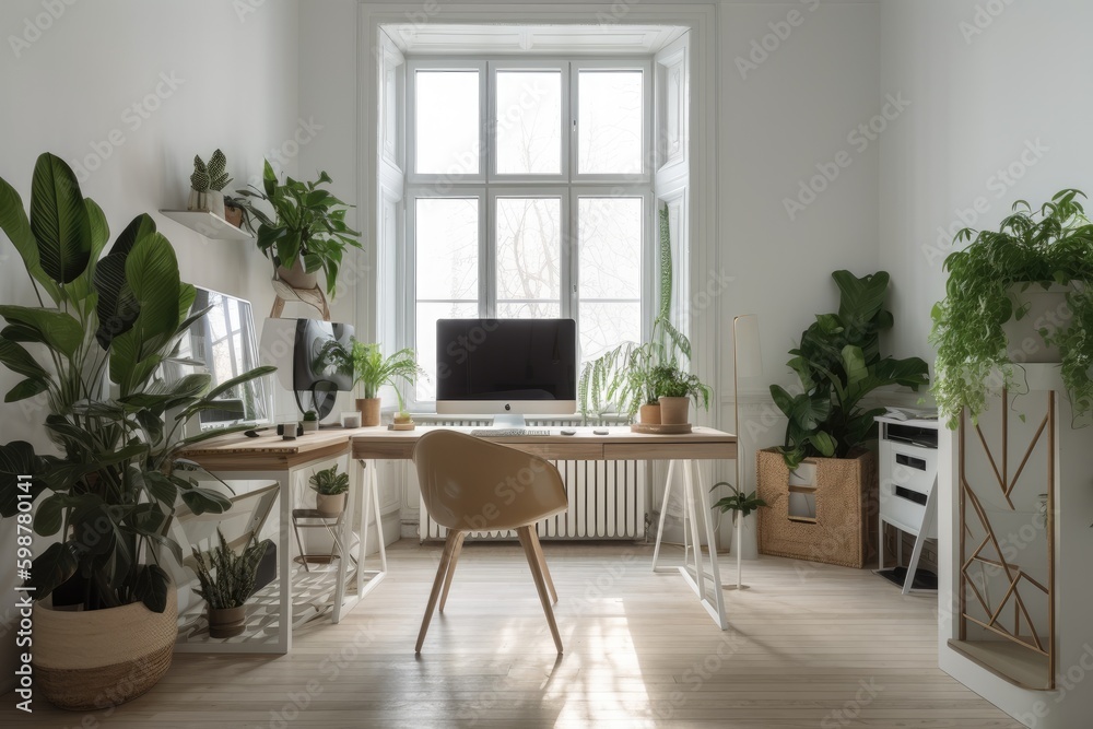 Home office with Monitor during daytime, minimalist interior design with green plants, earthy finishes and cozy detailing