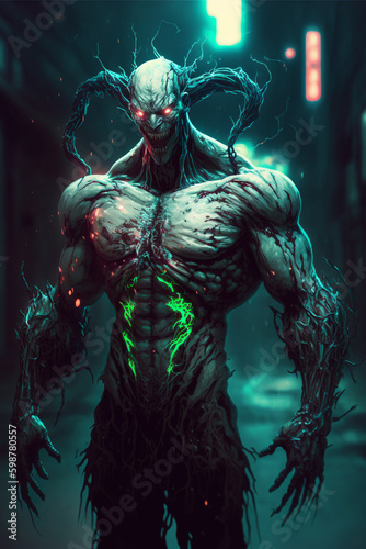 alien from multiverse. greenish black shadow man, halloween night neon city © Muhammad