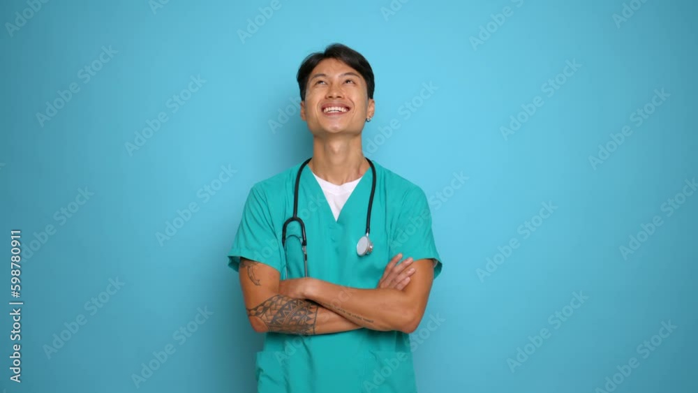 Happy male doctor in medical uniform with stethoscope on neck poses isolated nodding assent folding his arms on his chest, copy space, professional people concept Generative AI Happy male doctor in medical uniform with stethoscope on neck poses isolated nodding assent folding his arms on his chest, copy space, professional people concept Generative AI