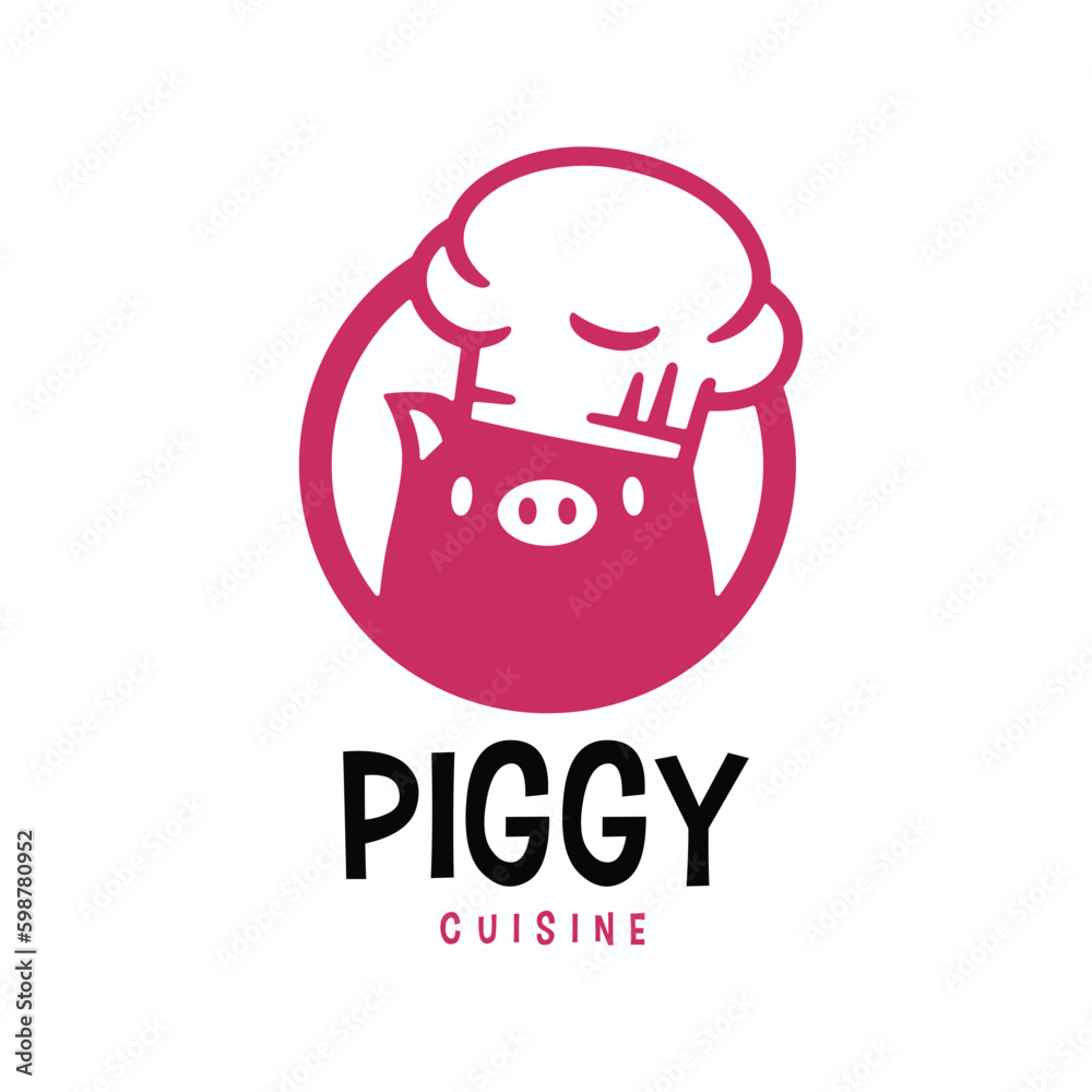 Obraz premium Pig Piggy Chef Restaurant Kitchen Cartoon Mascot Character Logo Vector Icon Illustration